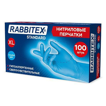 Перчатки нитриловые RABBITEX (РАББИТЕКС) Standard, 50 пар (100 шт.), голубые, размер XL (очень большой), 702154
